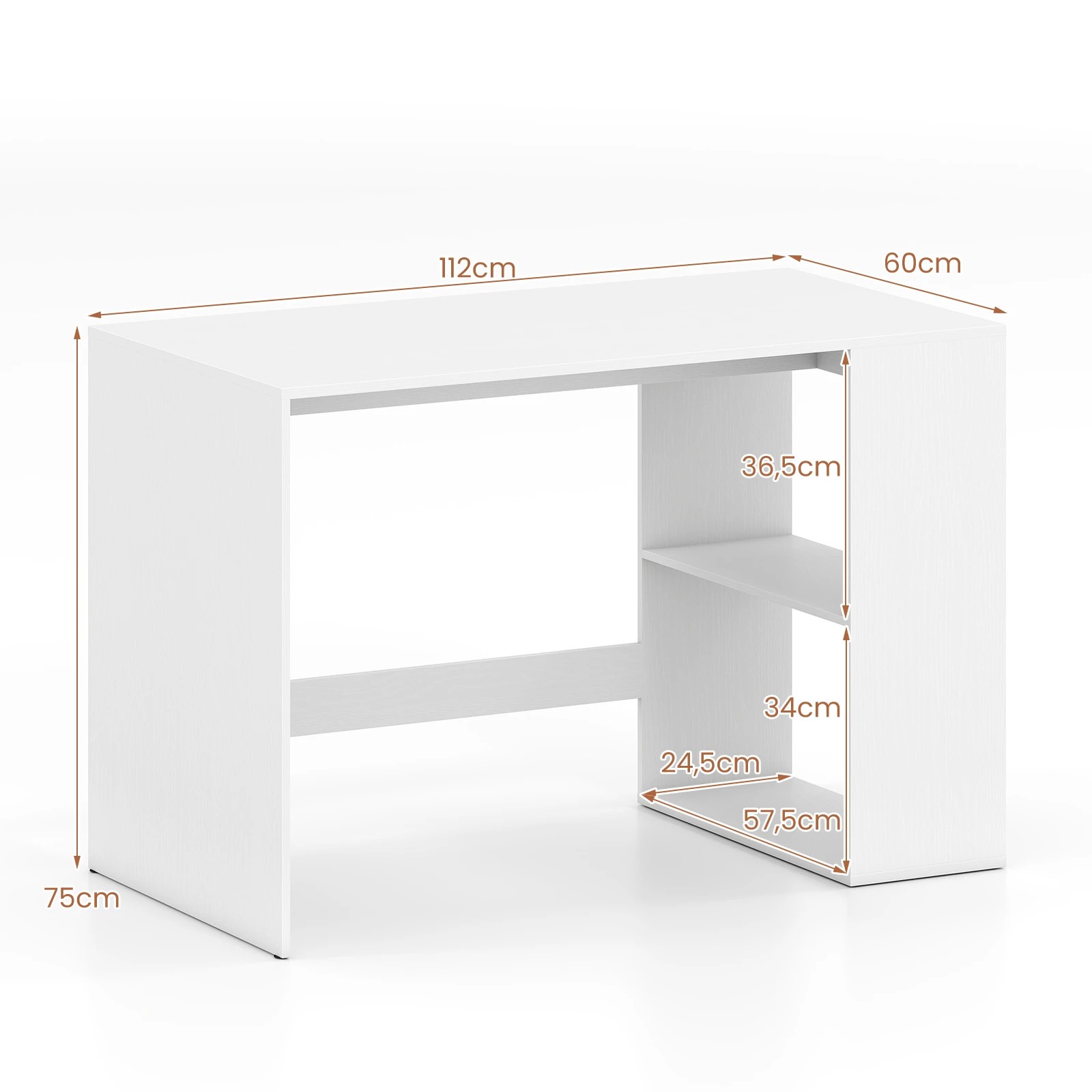 2 Costway 112cm Computer Desk w/2-Tier Bookshelf Study Writing Table - White, 2 of 6