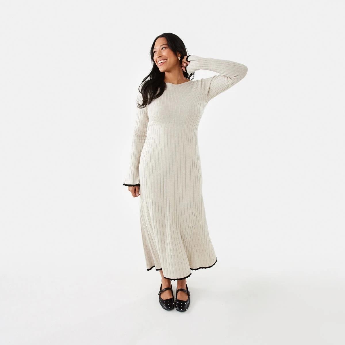 1 Long Sleeve Contrast Edge Rib Maxi Dress Nat Beige, 1 of 10