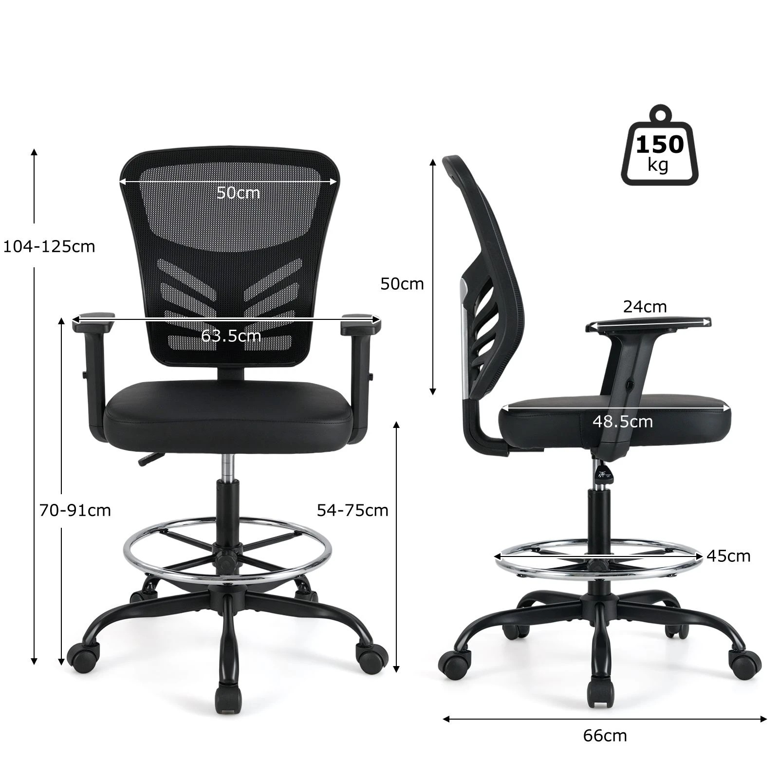 4 Costway Height-adjustable Drafting Chair Swivel Task Chair w/Adjustable Armrests Standing Desk Chair - Black, 4 of 4