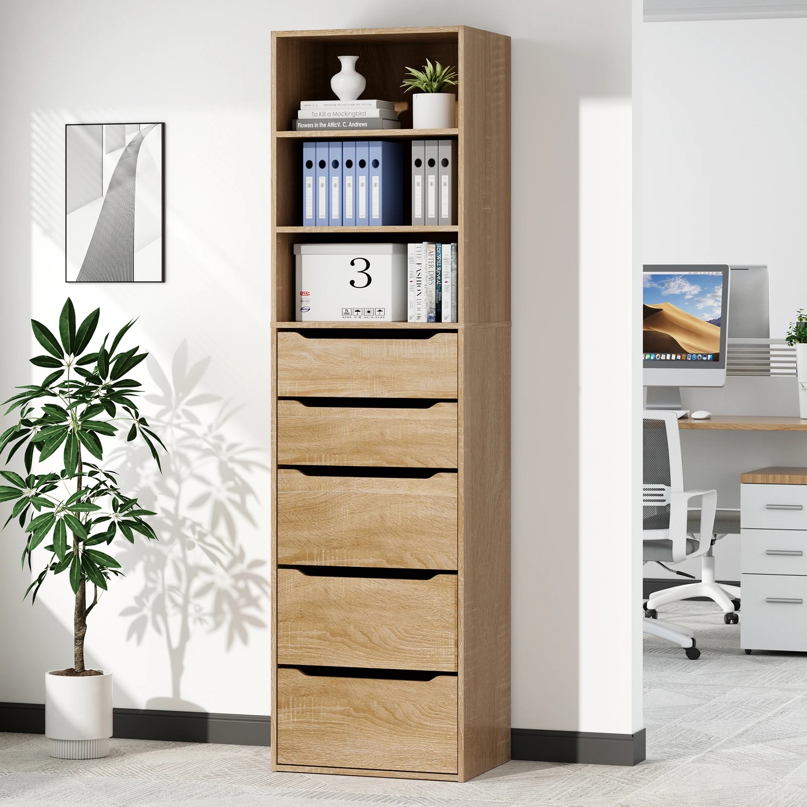 9 Alfordson Chest of 5 Drawers Office Storage Cabinet Tallboy Bedroom - Oak, 9 of 10
