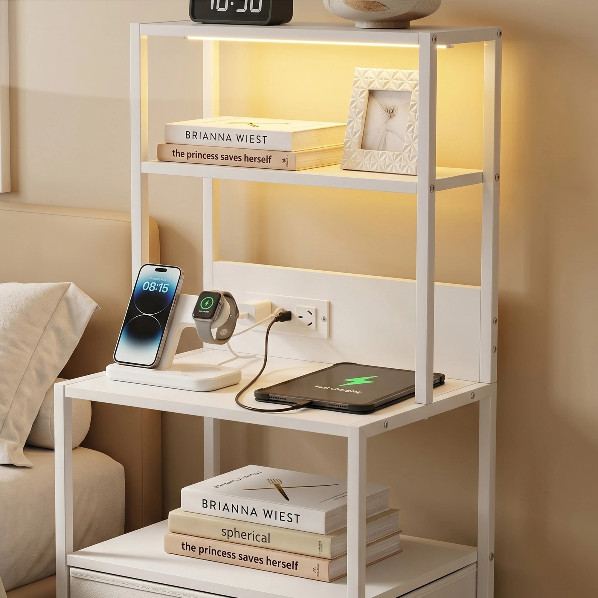6 Artiss Bedside Table Tall Nightstand with Charging Station Drawers LED - White, 6 of 9