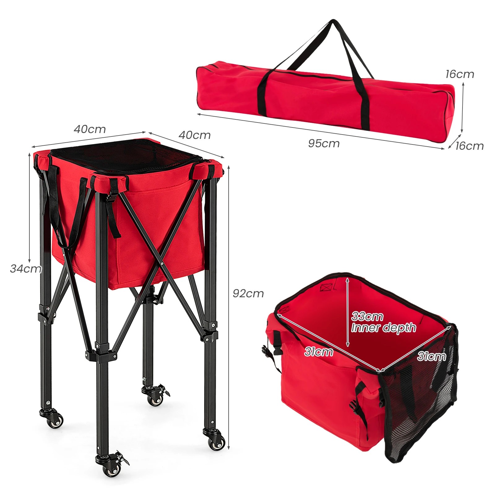 3 Costway Foldable Tennis Ball Trolley 160 Balls Teaching Basket Cart Red, 3 of 3