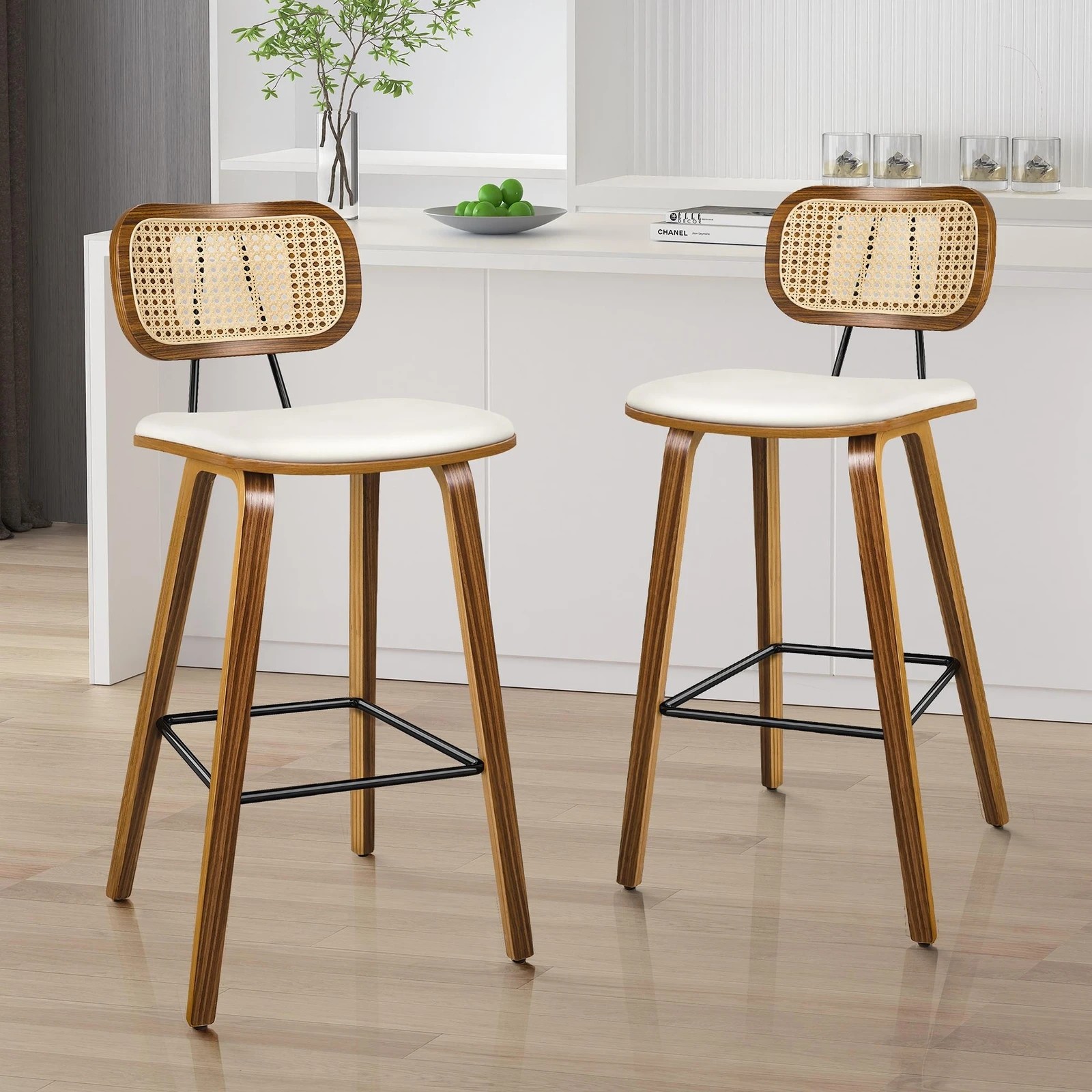 2 Alfordson 2x Bar Stools Kitchen Vintage Leather Seat Rattan Chair Wooden - White, 2 of 9