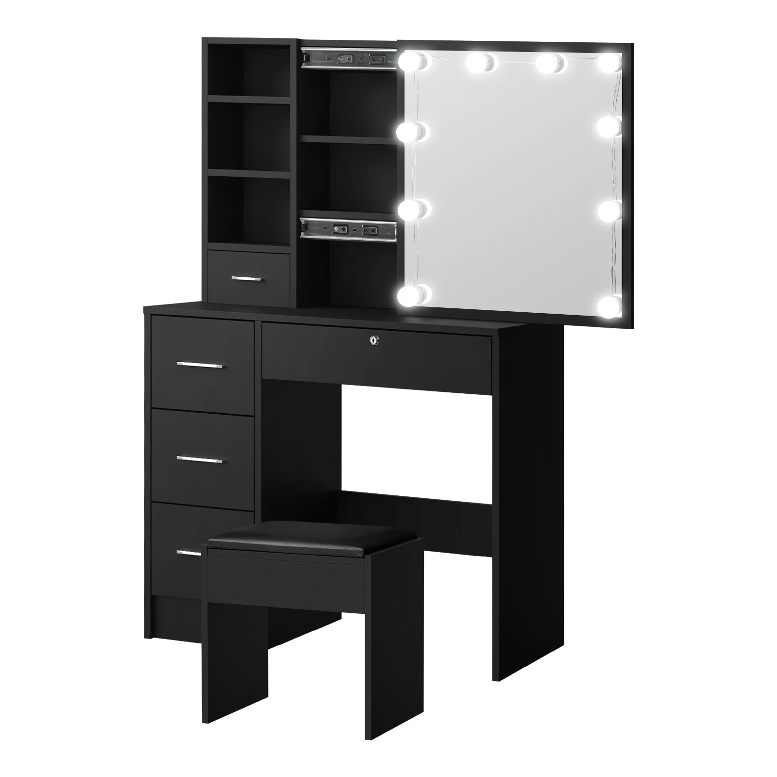 1 Oikiture Dressing Table Stool Set Makeup Slide Mirror Drawer 10 Led Bulbs
 - Black, 1 of 9