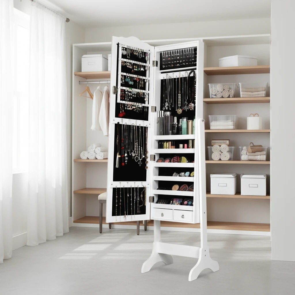 3 Costway Jewellery Cabinet Armoire Organizer Mirrored Bedroom Cabinets w/Mirror & LED Lights - White, 3 of 5