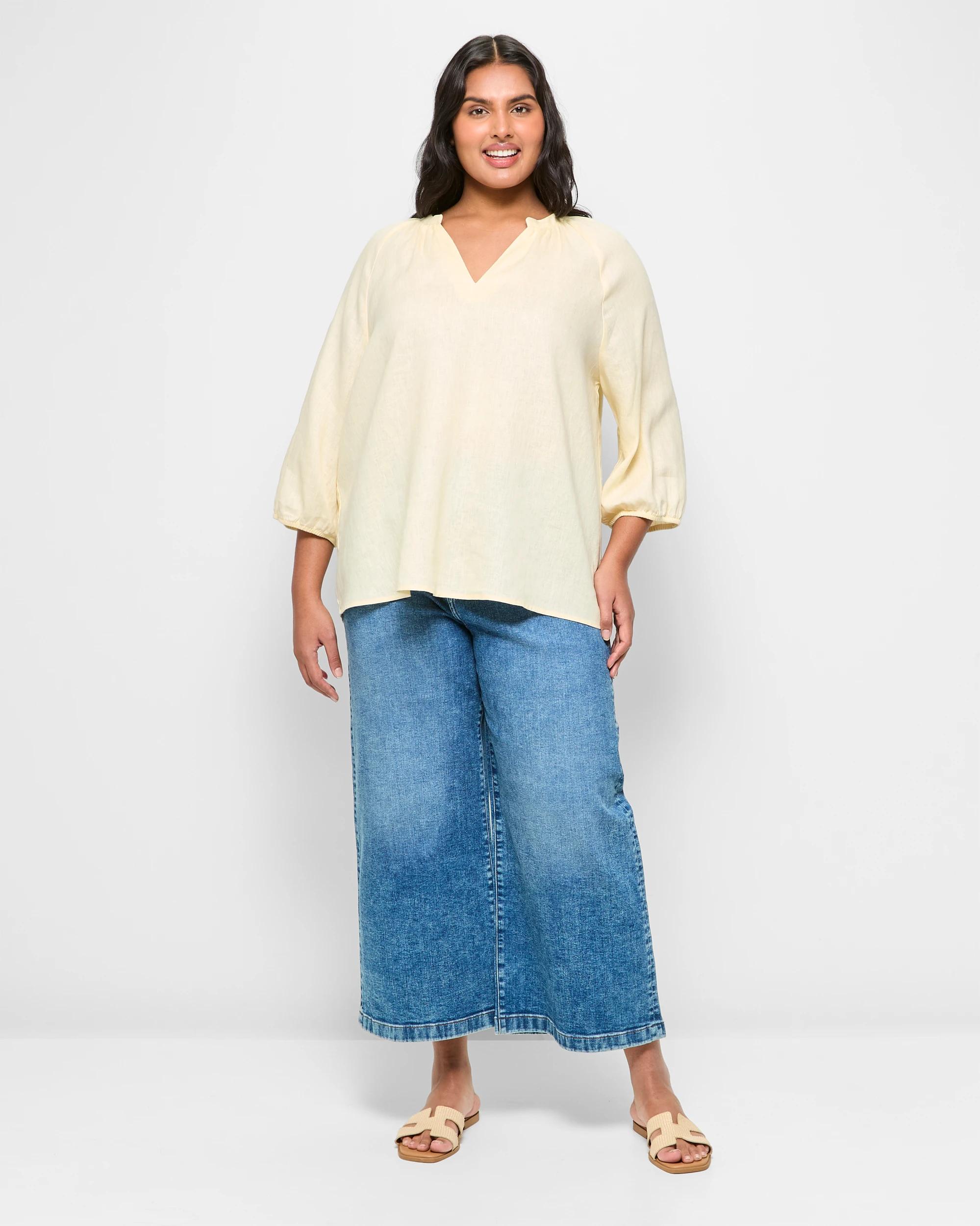 2 Target Curve Plus-size European Linen Popover Blouse — Soft Butter Yellow (size 16+) SOFT BUTTER, 2 of 5