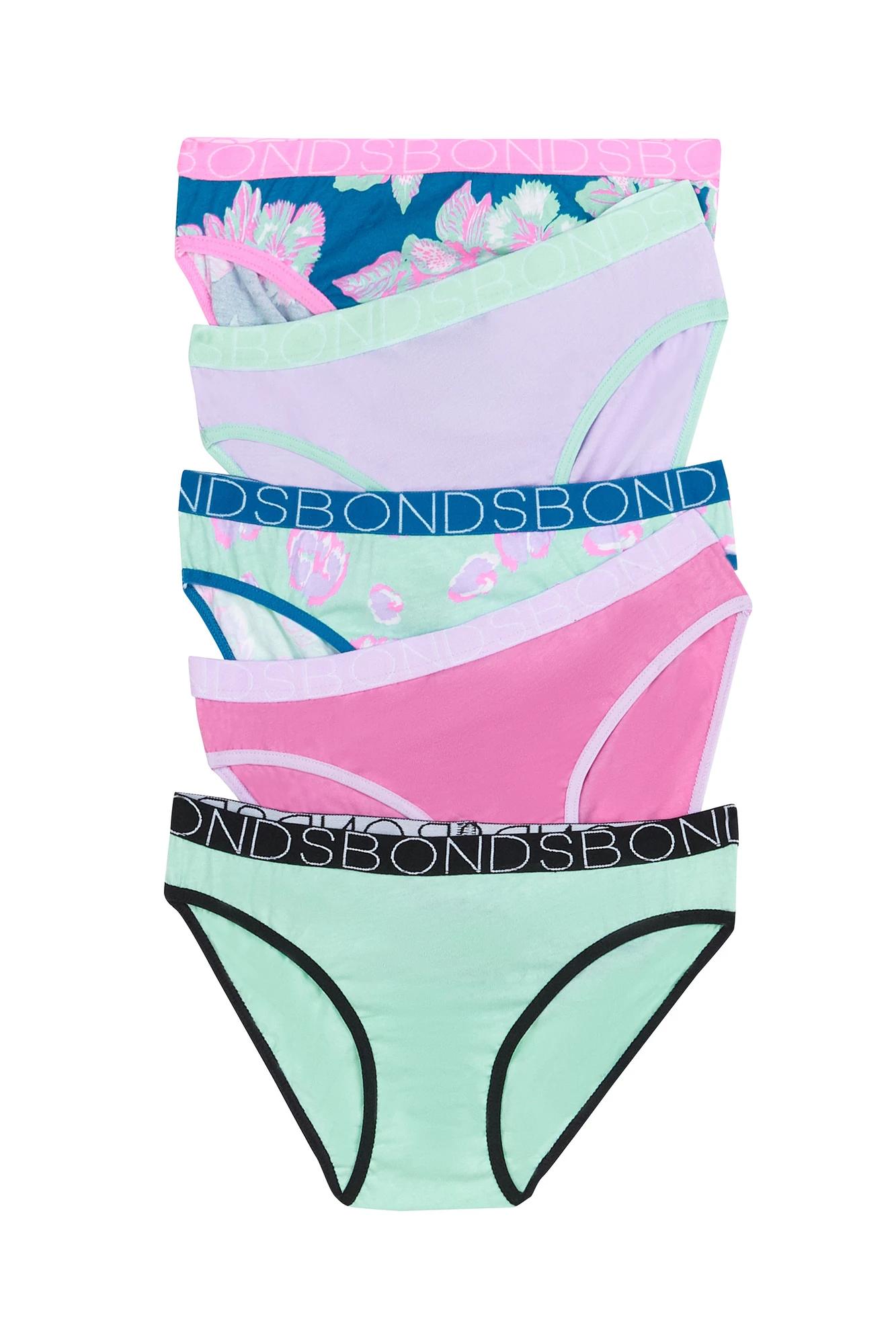 1 Bonds Girls Bikini Briefs 5 Pack FLORAL GREEN/PINK, 1 of 3