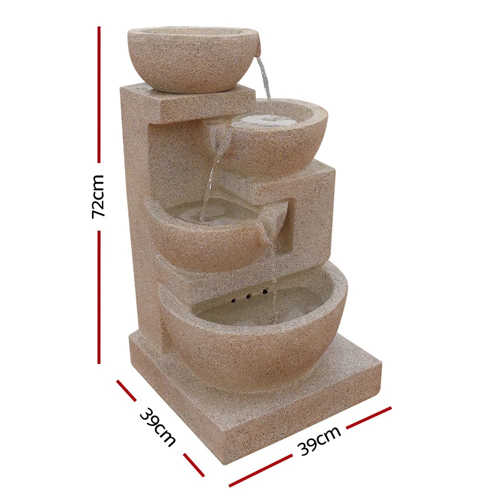 2 Gardeon Solar Water Feature Cascading Fountain 4-Tier Bowl LED Lights 72CM Sand - Beige, 2 of 8