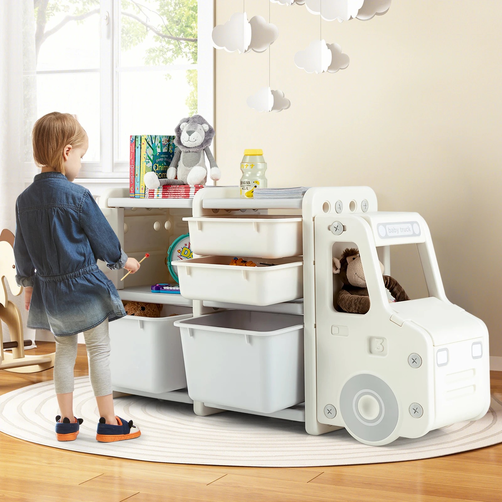2 Costway Toy Storage Organizer Truck-shaped Cabinet - White, 2 of 3