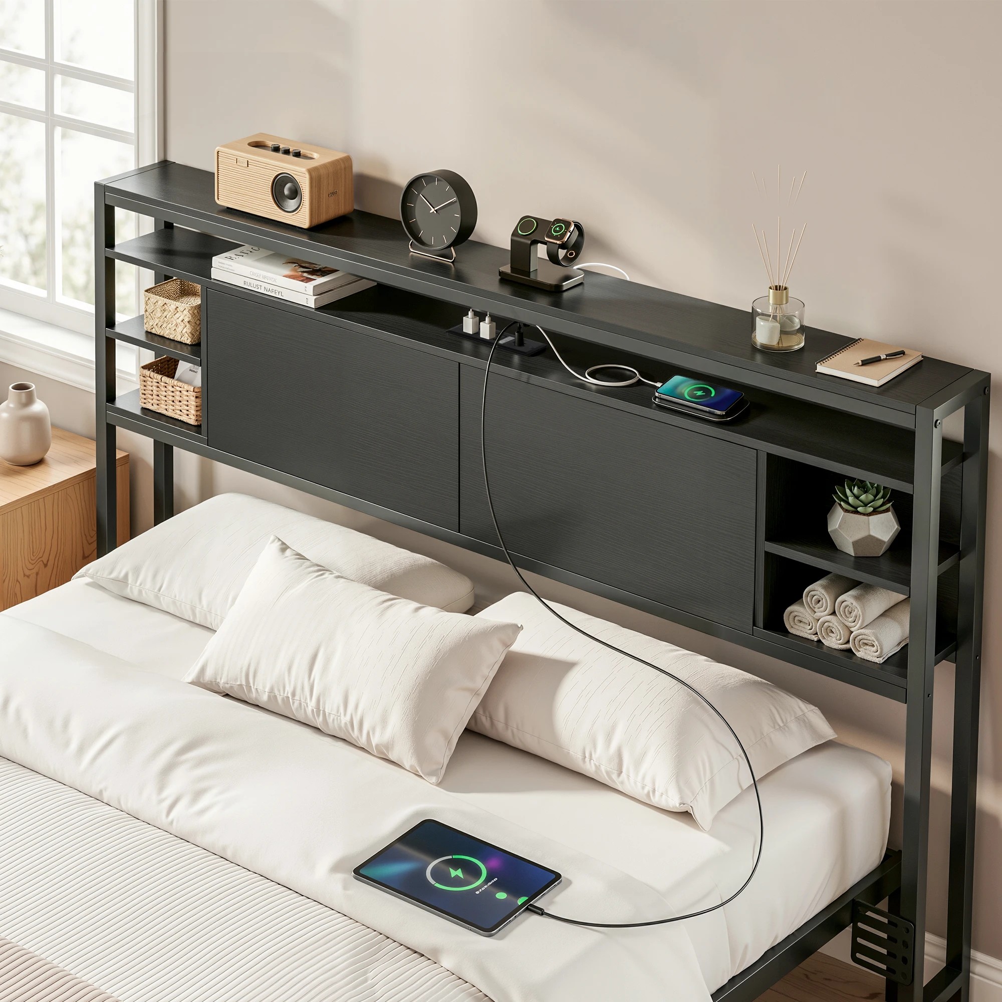5 Artiss Bed Headboard Queen Storage Bedhead Charging Station - Black, 5 of 9