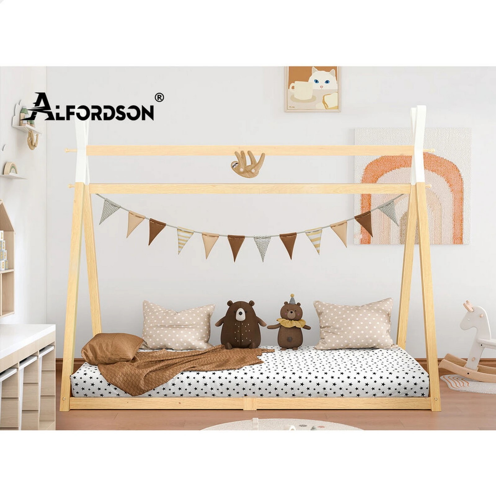 10 Alfordson Bed Frame Wooden Single Timber Teepee House Base Platform Thomas - Natural, 10 of 10