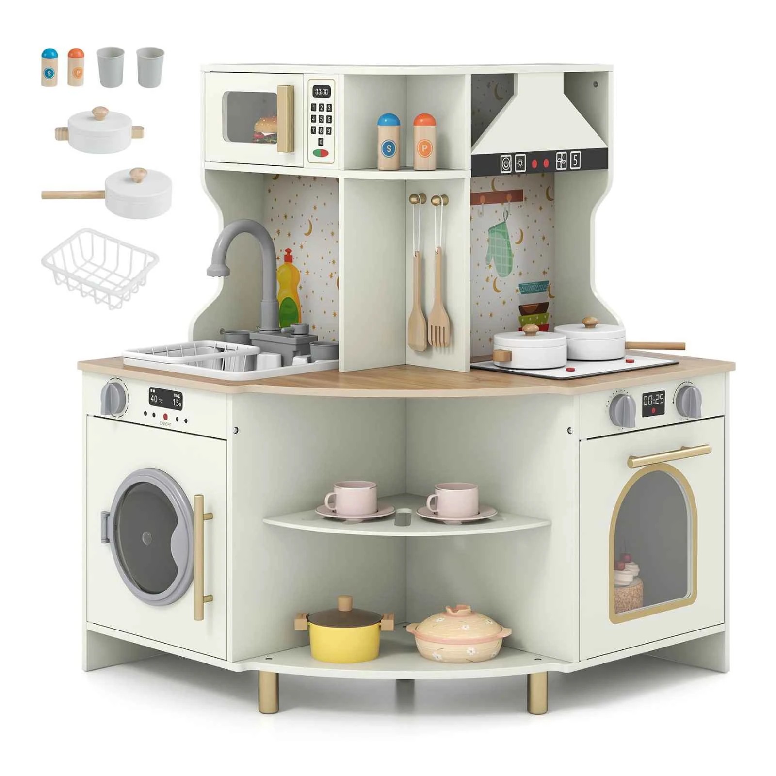 1 Costway Play Kitchen Wooden Corner Kitchen Playset w/Microwave - Multi, 1 of 1