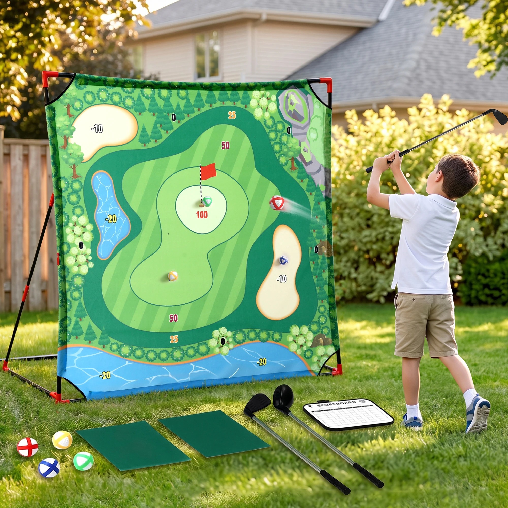 9 Keezi Kids Golf Play Set Chipping Game, 24 Sticky Balls, Adjustable Club & 2 Hitting Mats - Green, 9 of 9