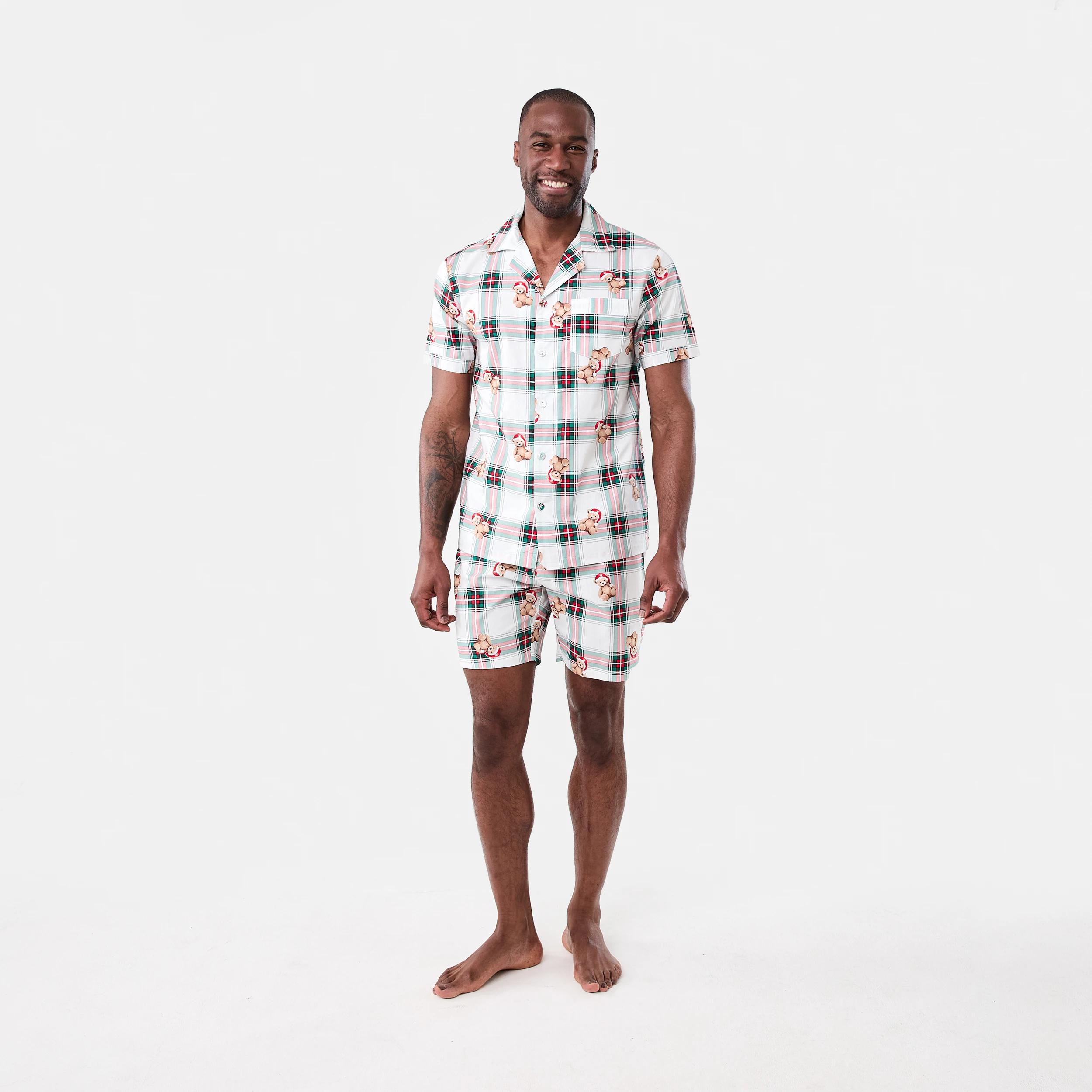 8 Christmas Short Sleeve Button Through Woven Family Matching Pyjama Set BEAR CHECK OFF WHITE, 8 of 8