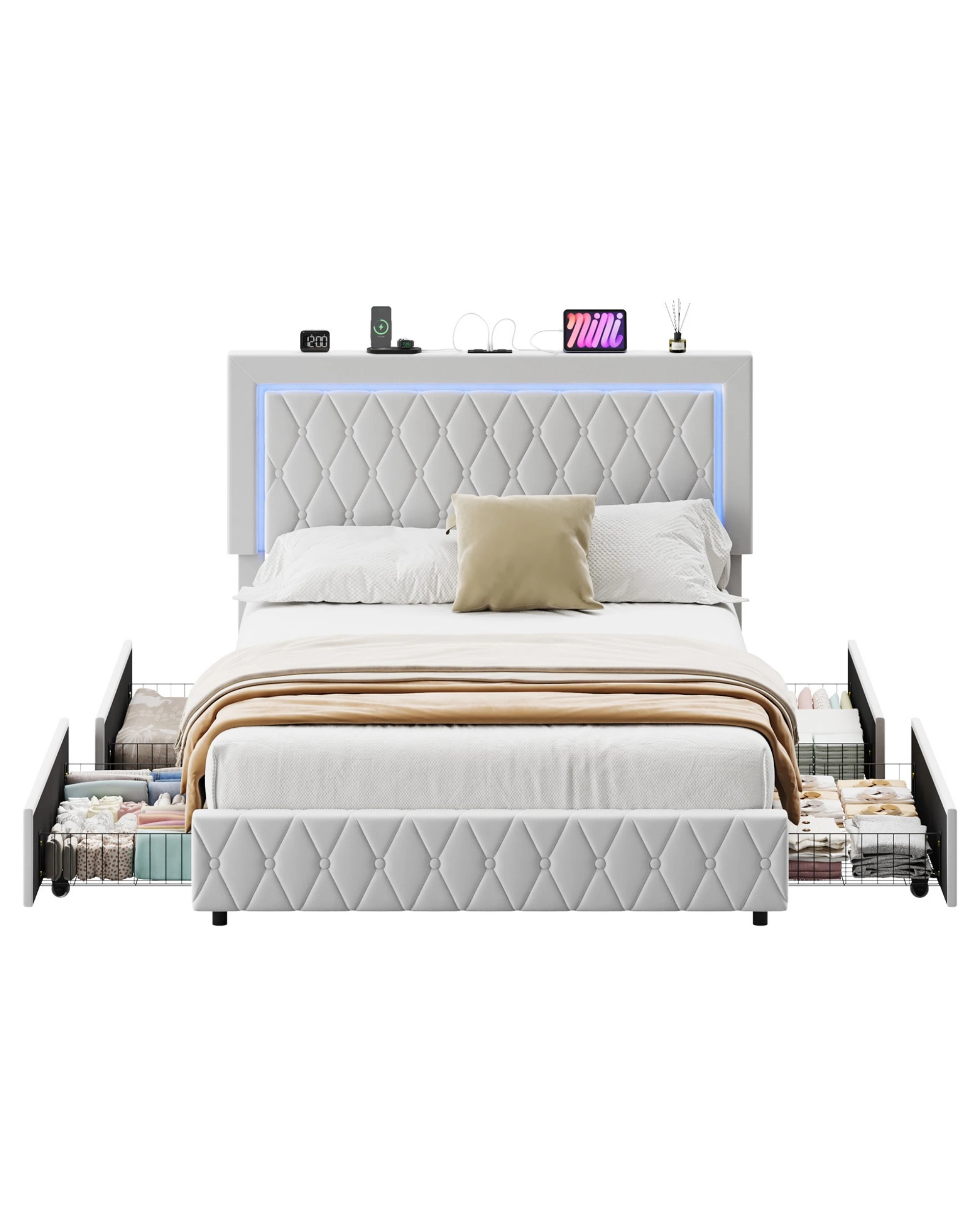 1 Advwin Queen Velvet LED Bed Frame with Drawers and Charging - Beige, 1 of 8