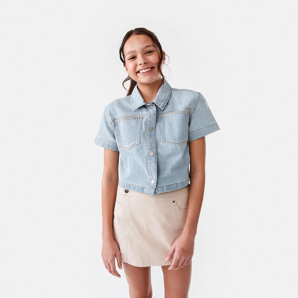 1 Cropped Denim Shirt Lit Denim, 1 of 8