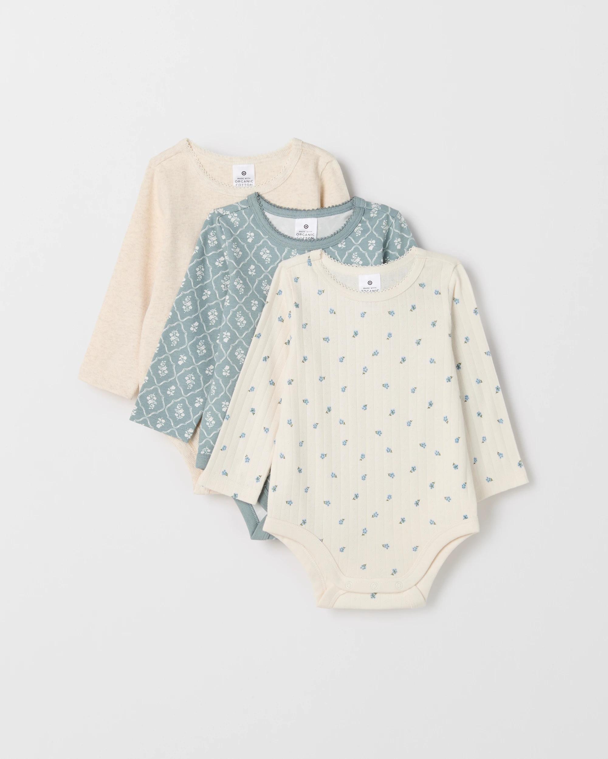 1 Target Baby Organic Cotton 3 Pack Long Sleeve Pointelle/Rib Bodysuit BLUE FLOW, 1 of 5