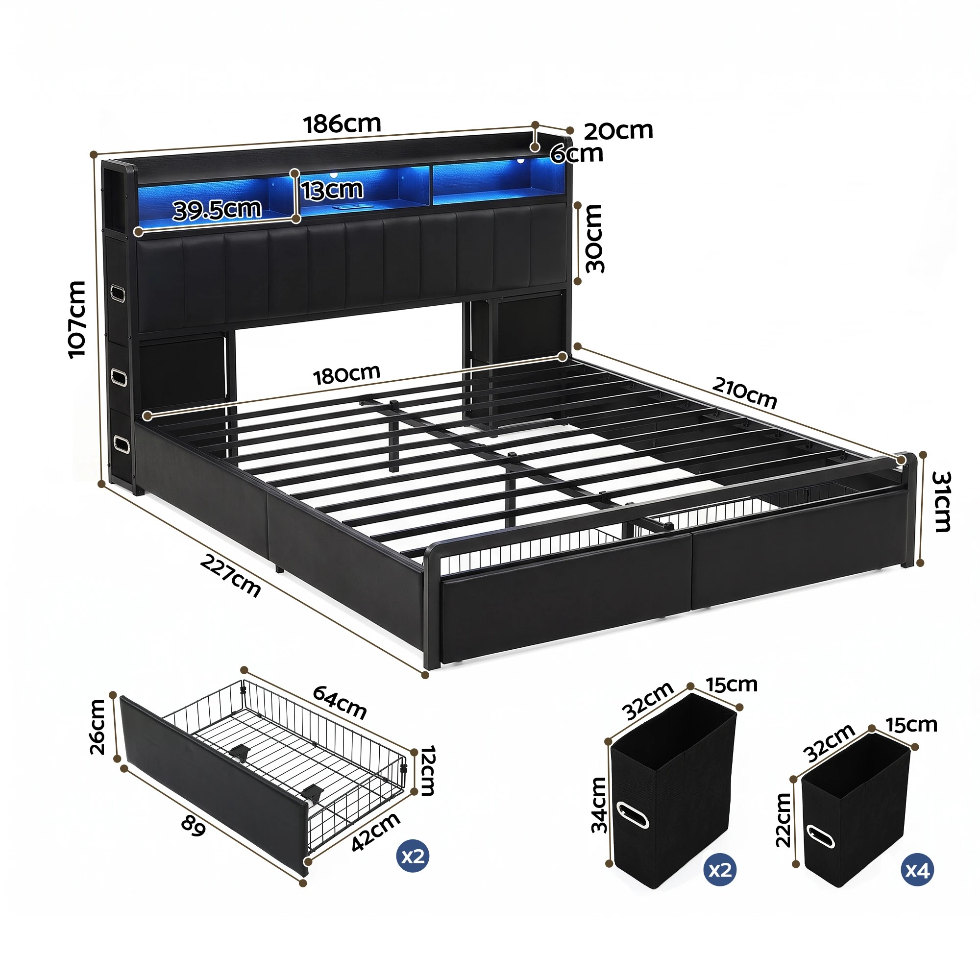 2 Artiss Bed Frame with Storage Headboard, 2 Drawers Charging Station LED Light - King Bed - Black, 2 of 10