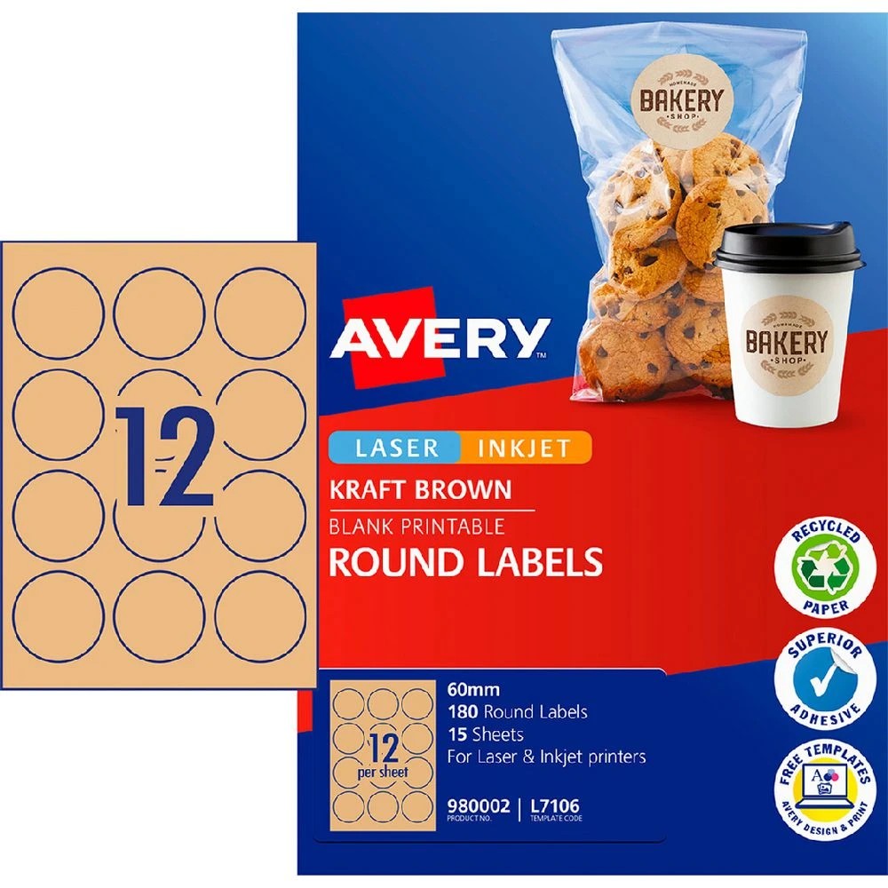 1 Avery 12UP Inkjet Laser Round Labels 60mm Kraft 15 Sheets, 1 of 7