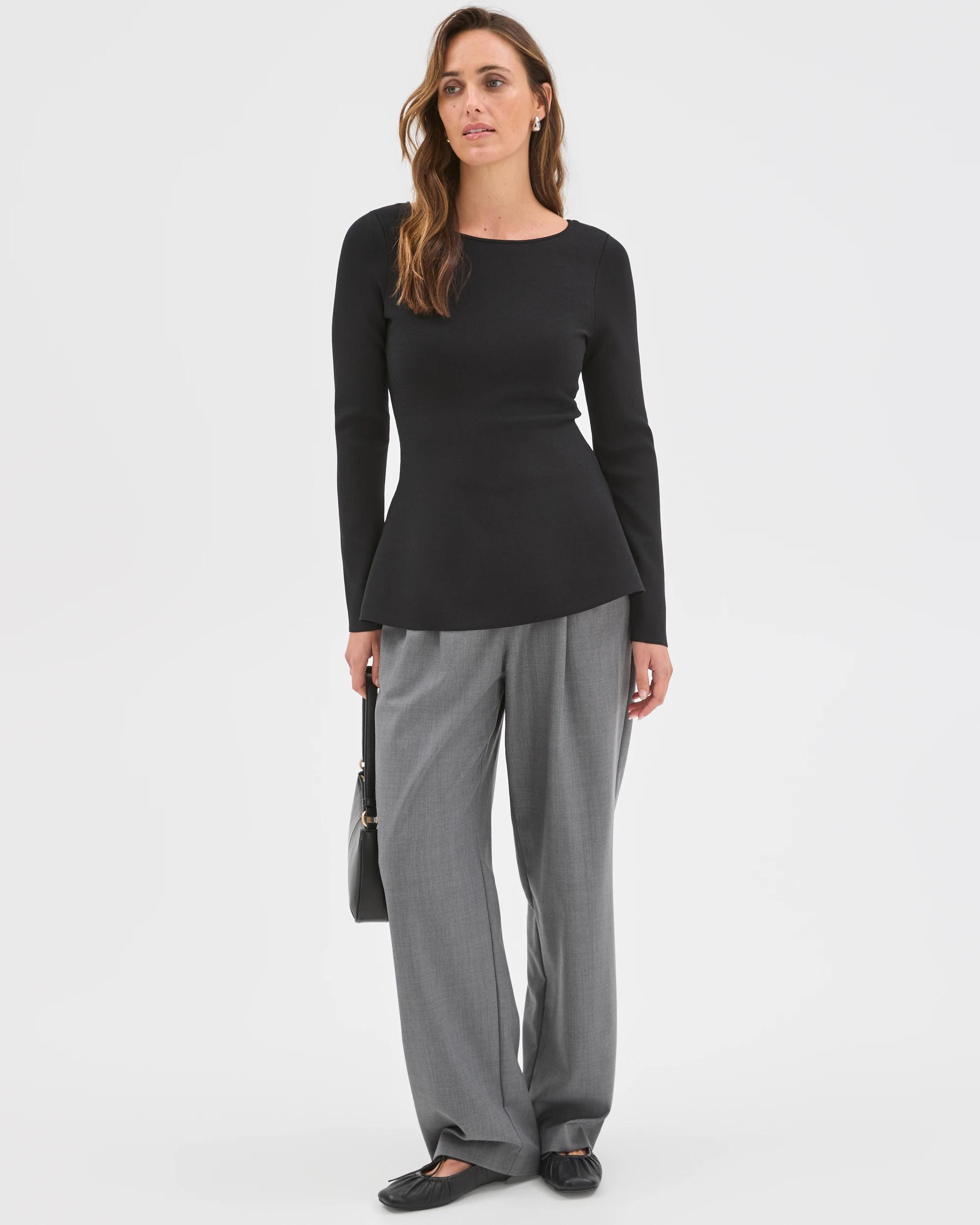 2 Preview Long Sleeve Peplum Crepe Knit Top BLACK, 2 of 7