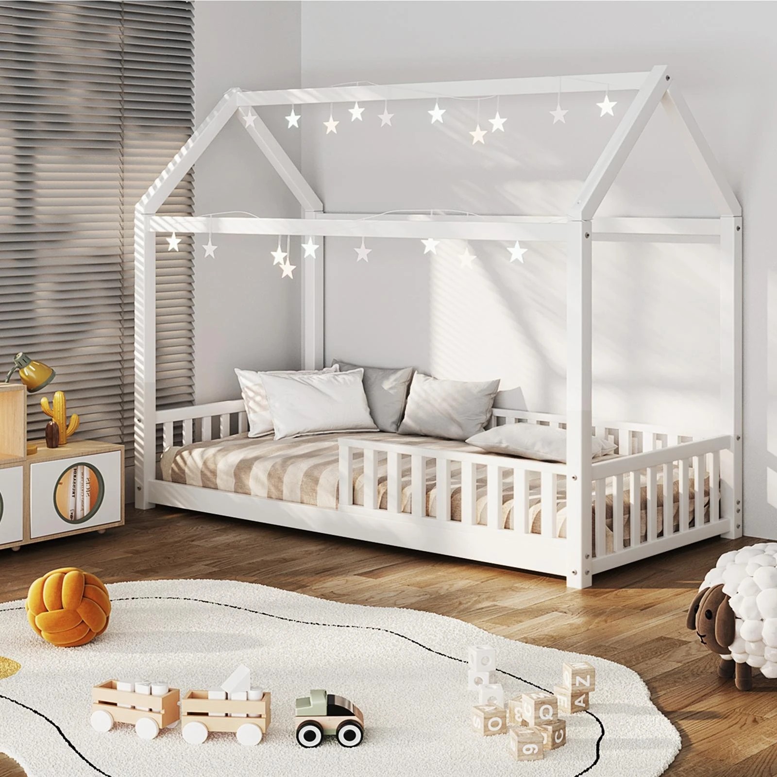 3 Oikiture Kids Wooden Bed Frame House Beds Platform Timber Pine Single
 - White, 3 of 10
