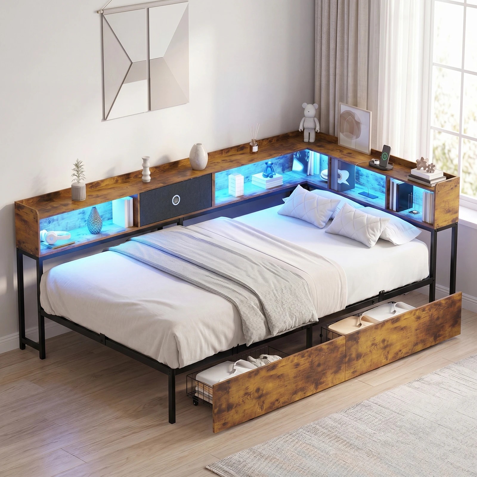 9 Advwin King Single Corner Bed Frame with Storage Drawers, Charging Station and LED Lights - Brown, 9 of 10