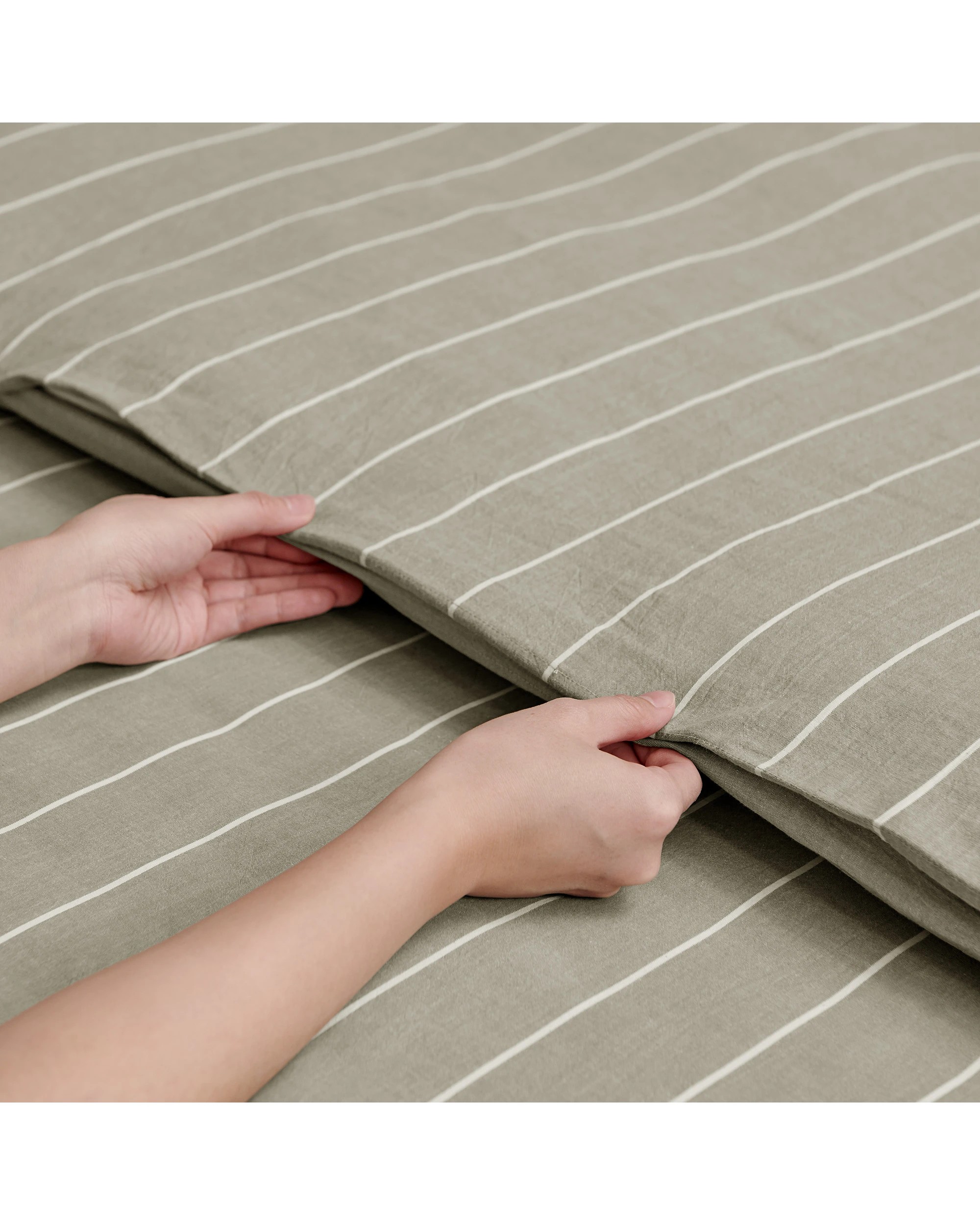 5 Dreamaker Rumi Stripe Washed Cotton Reversible Quilt Cover Set - King Bed - Olive with White, 5 of 6