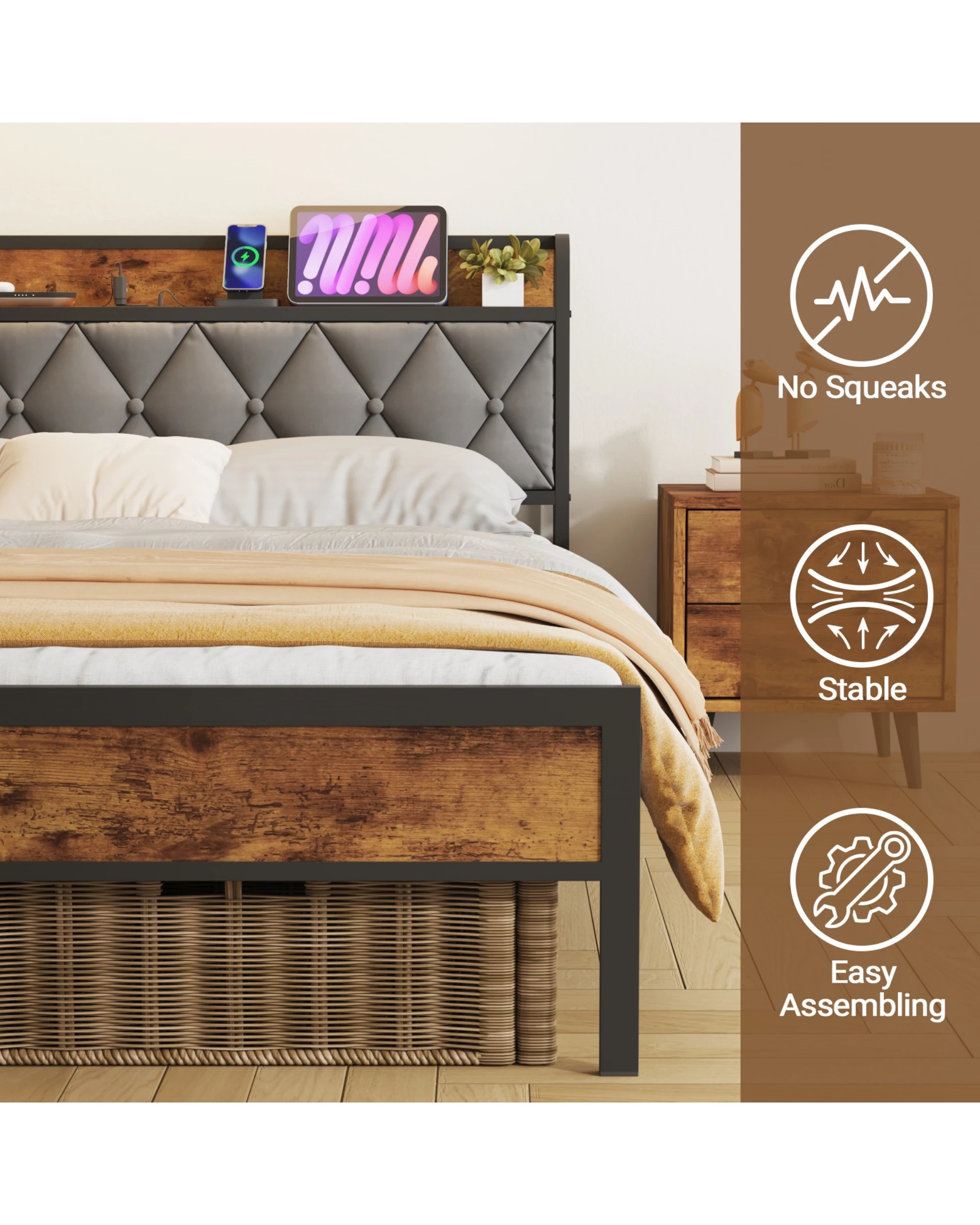 7 Advwin Queen Bed Frame With Charging Station & Usb Ports Storage Tufted Headboard Shelf, 7 of 8