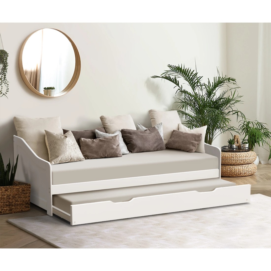 8 Oikiture Trundle Bed Frame Daybed Single Size Base Timber Wooden Single Beds X2
 - White, 8 of 10