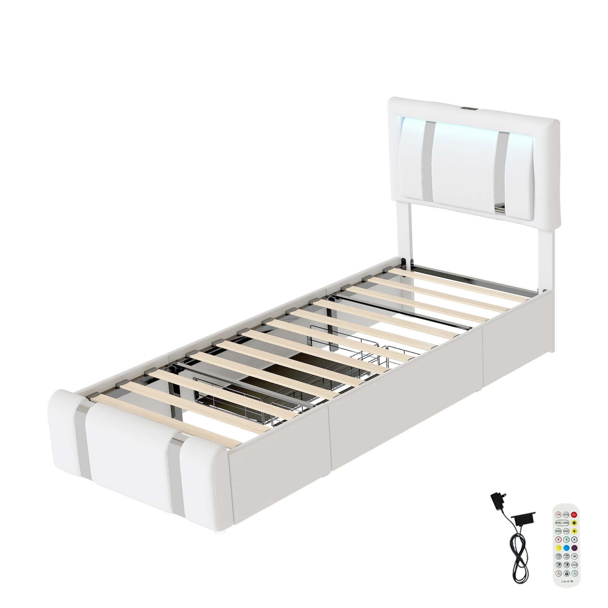 1 Levede Single Bed Frame PU with LED USB and 2 Drawers - White, 1 of 9
