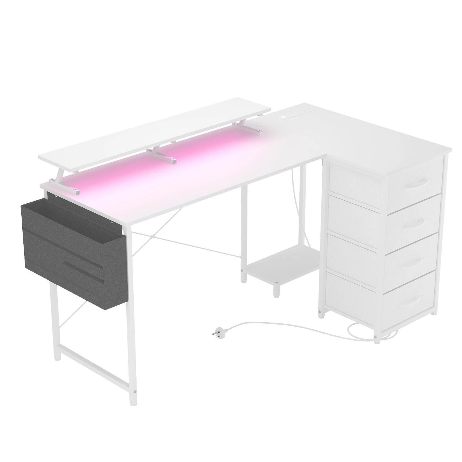 7 Advwin L Shaped Gaming Desk 140cm With Led Lights & Power Outlets Convertible Computer Desk - White, 7 of 10