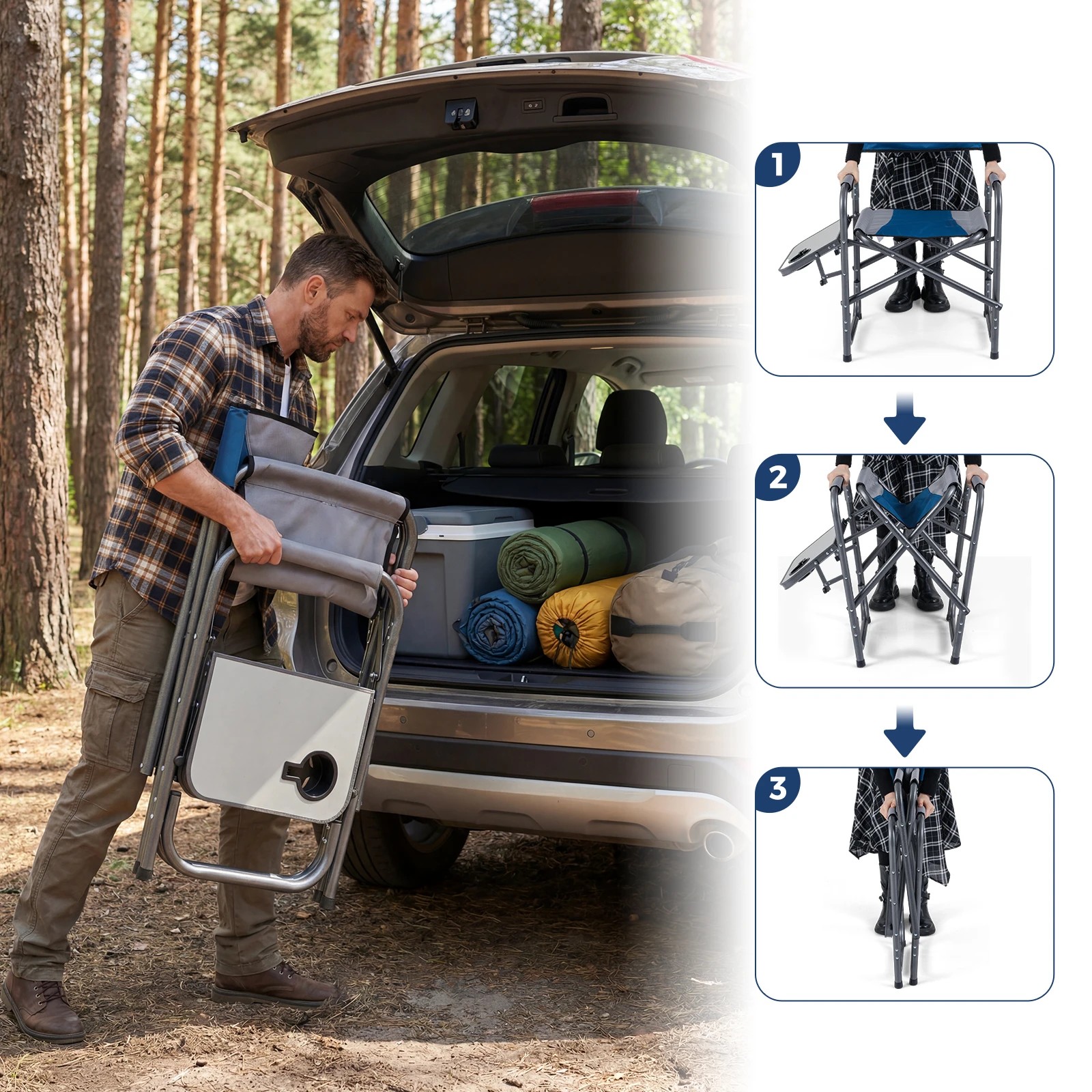 3 Costway Folding Camping Chair Portable Directors Chair Hiking Chair w/Side Table - Blue, 3 of 6