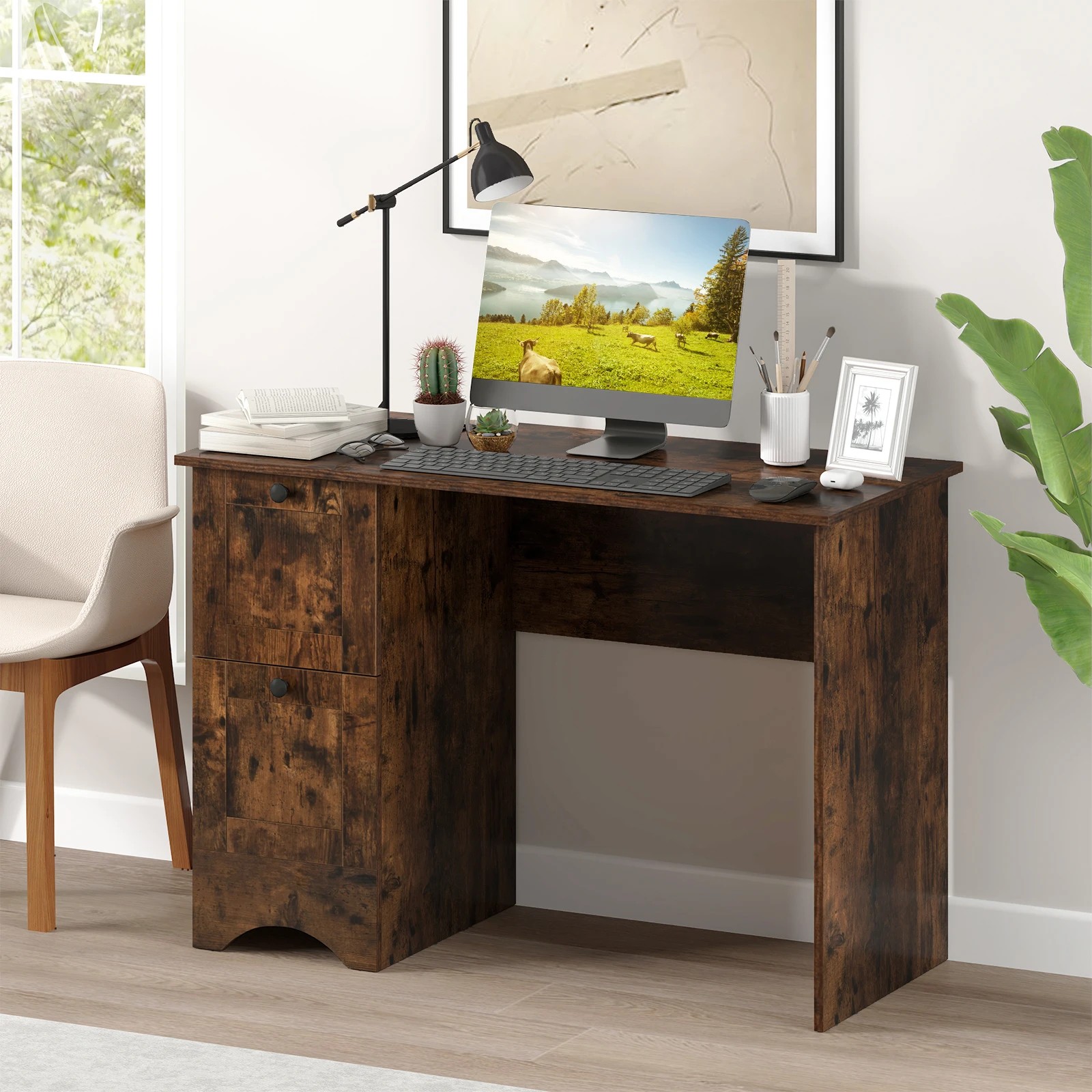 5 Costway Modern Study Writing Workstation Laptop Table Computer Desk w/Drawers - Brown, 5 of 6