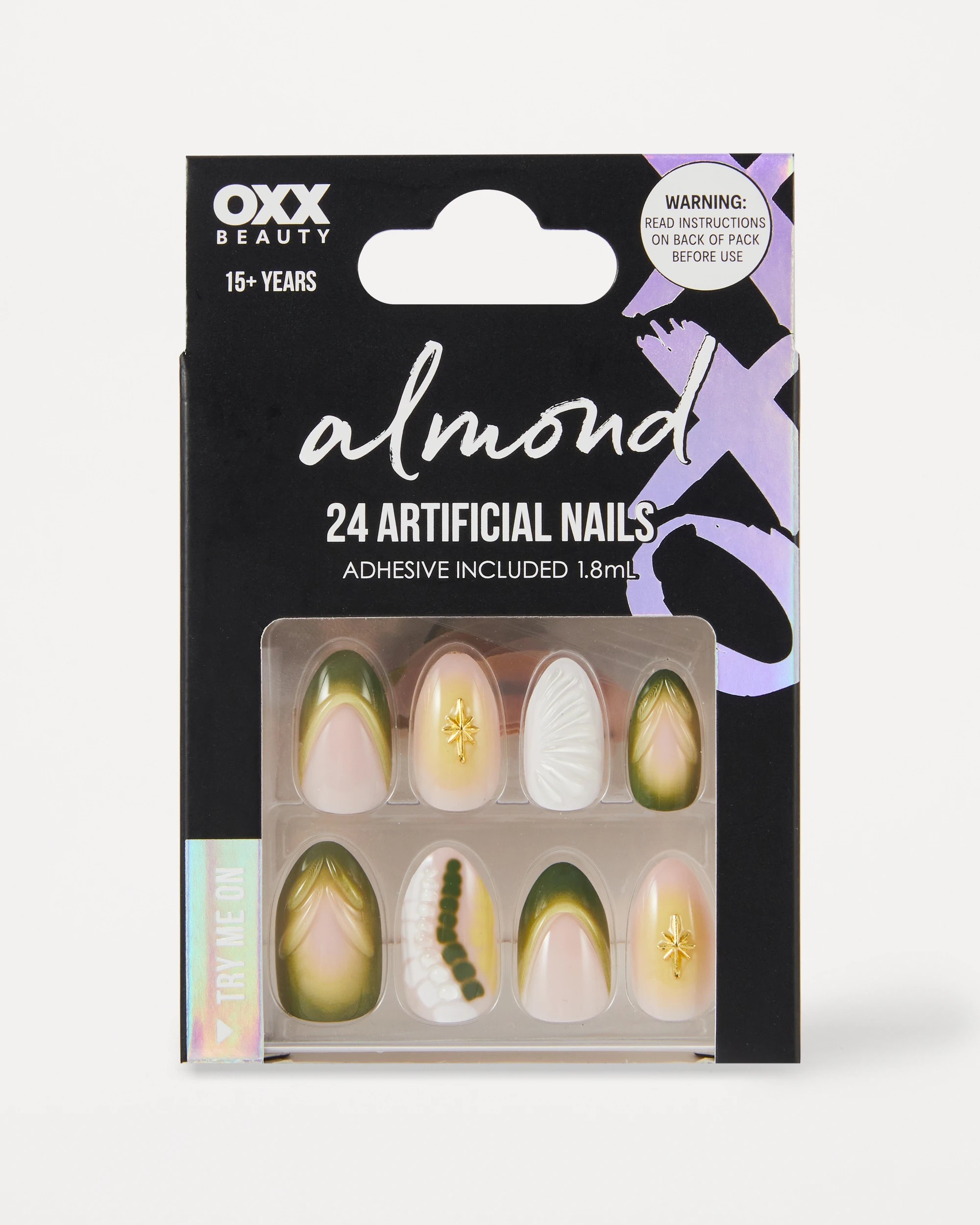 1 OXX Beauty 24 Pack Artificial Nails with Adhesive - Almond Shape, Green 3D, 1 of 4