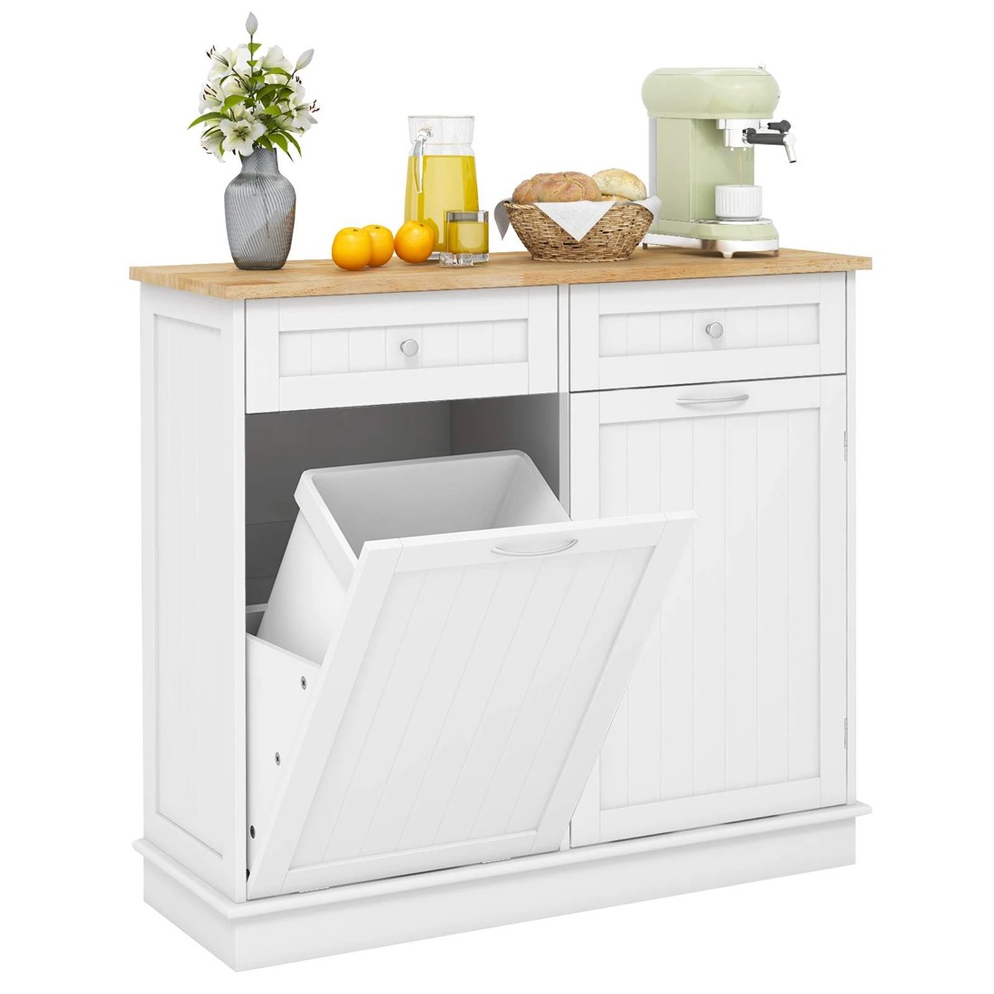 5 Costway Kitchen Cabinet w/Trash Bin White, 5 of 5