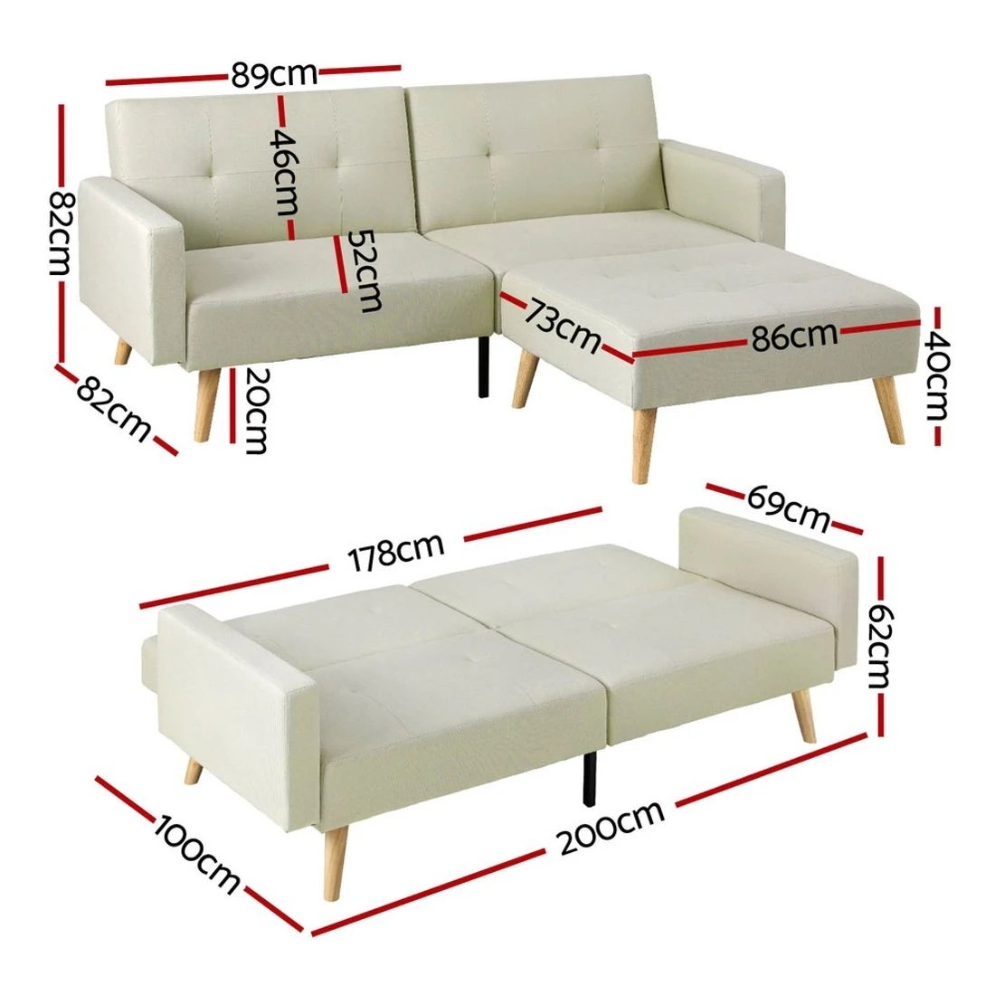 2 Artiss Sofa Bed Ottoman 3 Seater Fabric - White, 2 of 7
