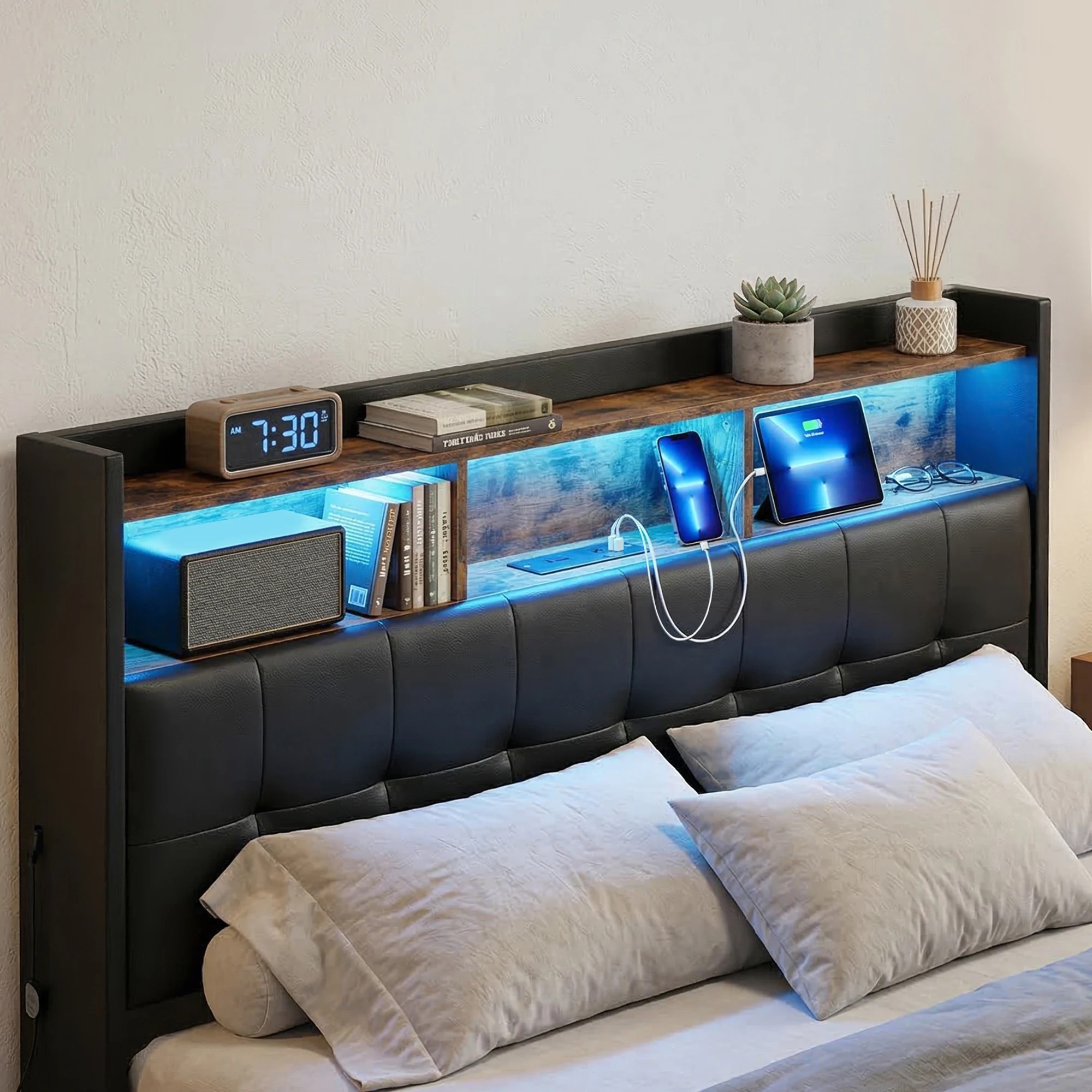 7 Artiss Queen Bed Frame Gas Lift Storage LED Lights Charging Station with Open Shelf - Black, 7 of 10