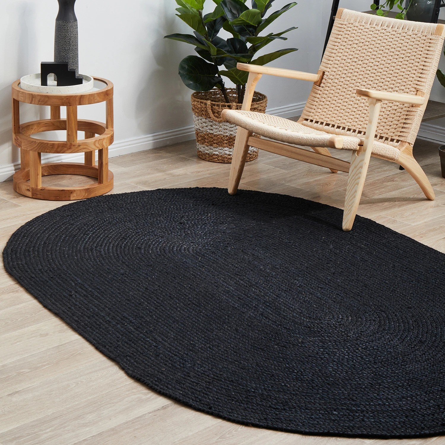 1 Common Ground Rugs Shoreline 280x190cm  Oval - Large Hand Braided Jute Rug - Black, 1 of 9