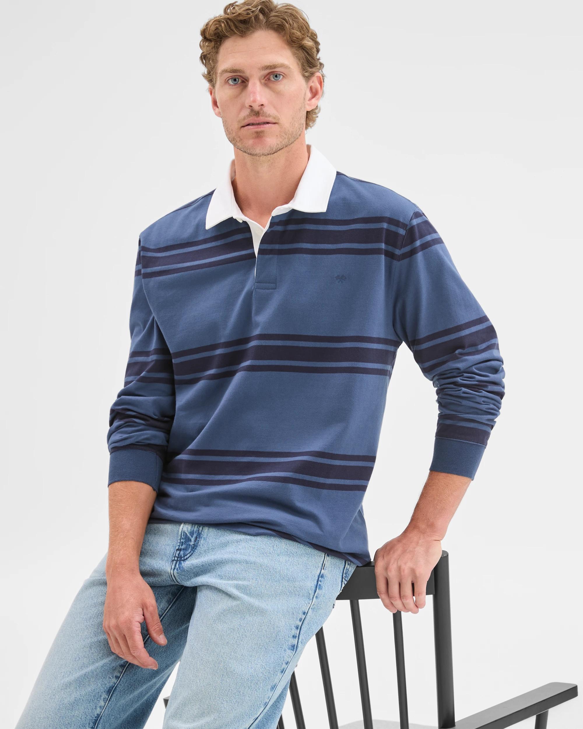 3 Target Man Australian Cotton Long Sleeve Rugby Polo Top DENIM STRIPE, 3 of 7