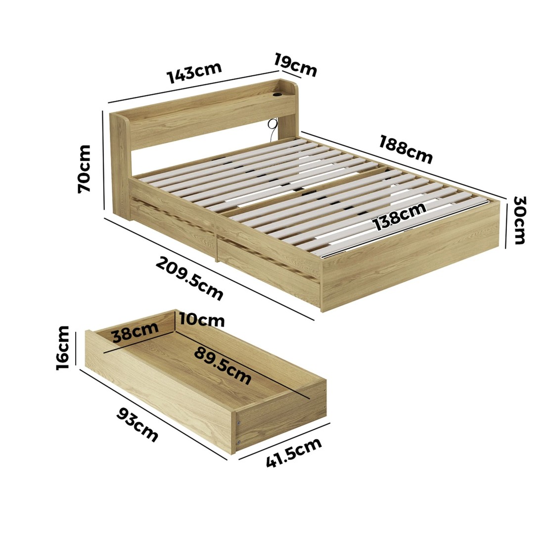 10 Oikiture Double Bed With Charging Ports & 2 Drawers Timber Bed Frame
 - Natural, 10 of 10