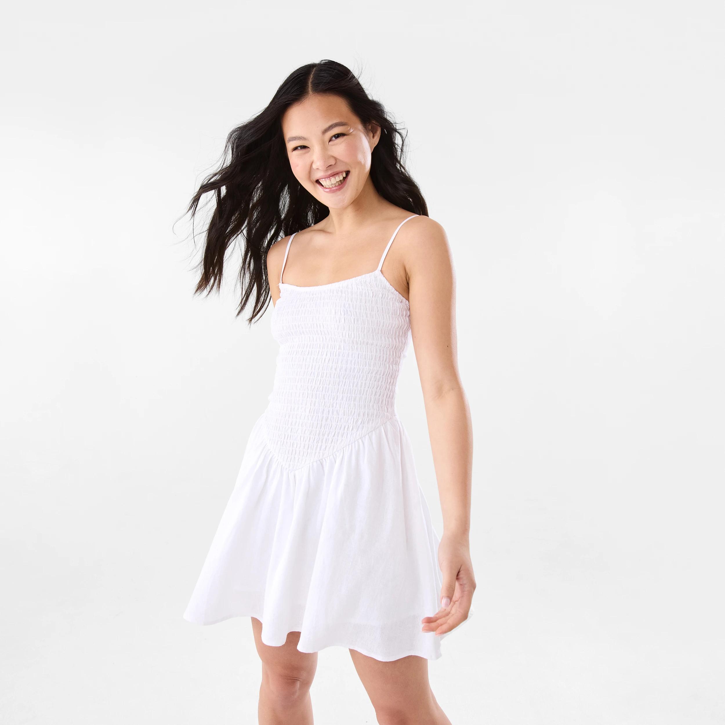 1 Sleeveless Shirred Bodice Mini Dress WHITE, 1 of 10