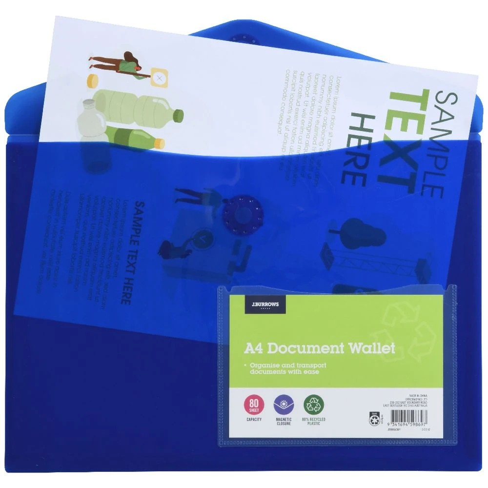 2 J.Burrows A4 Document Wallet Magnetic Closure Navy, 2 of 4