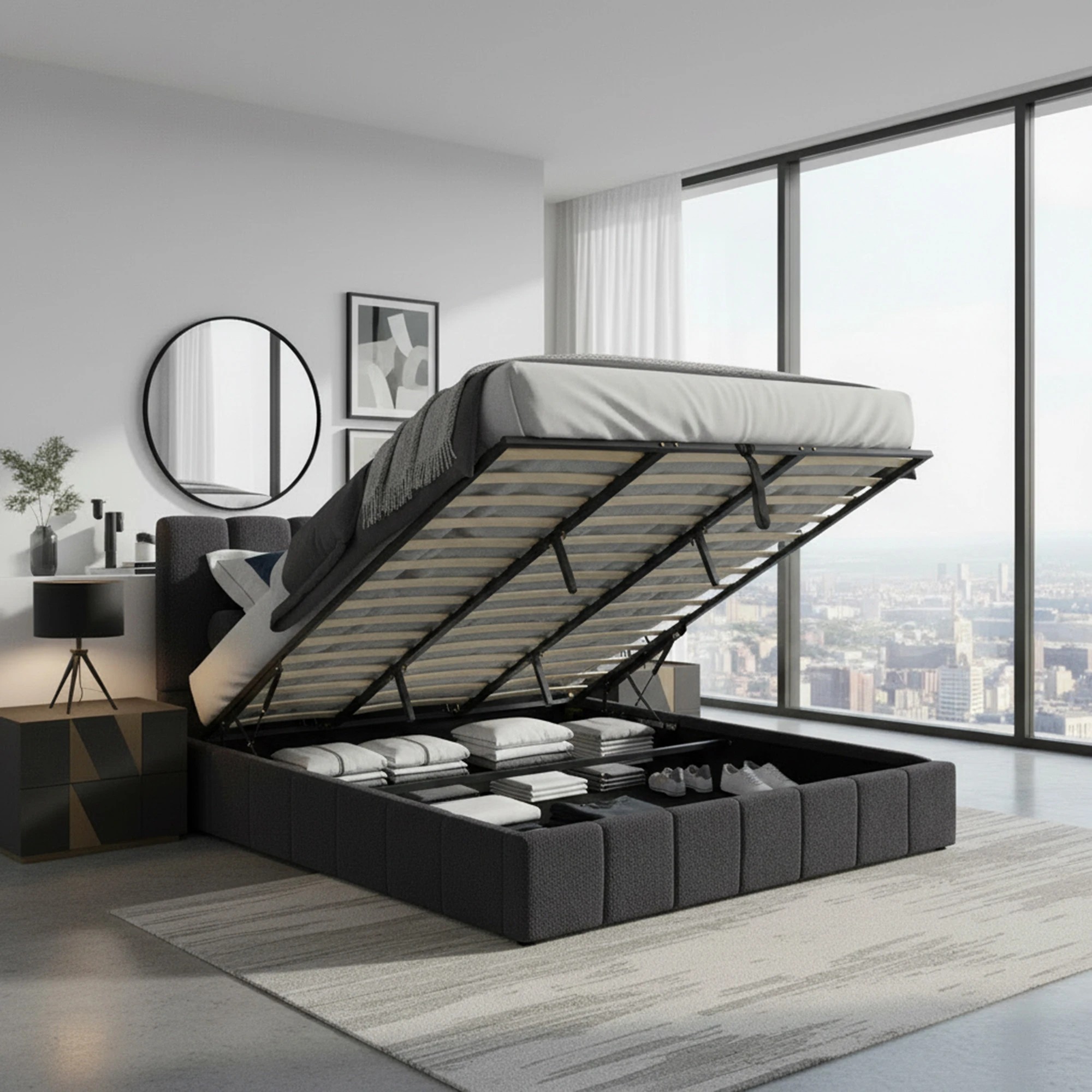 3 Milano Luxe Linear Boucle Gas Lift Bed Frame King Single - Charcoal, 3 of 5