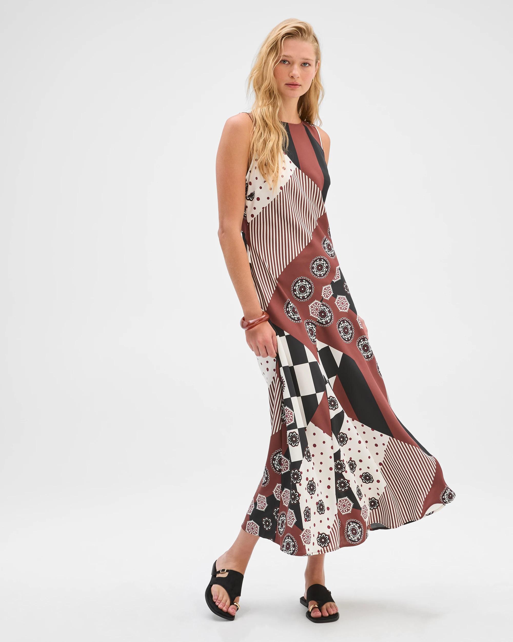 1 Preview Sleeveless Cowl Neck Asymmetric Hem Midi Dress SPLICED PRINT, 1 of 7