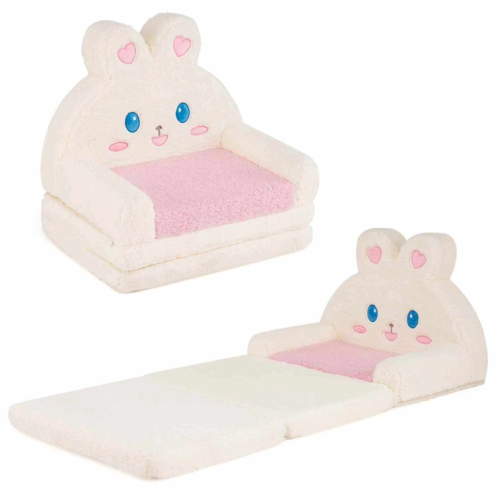 1 Costway Kids Sofa 2-in-1 Convertible Couch Lounger Foldable Chair w/Cover Bunny Pattern - Pink, 1 of 5