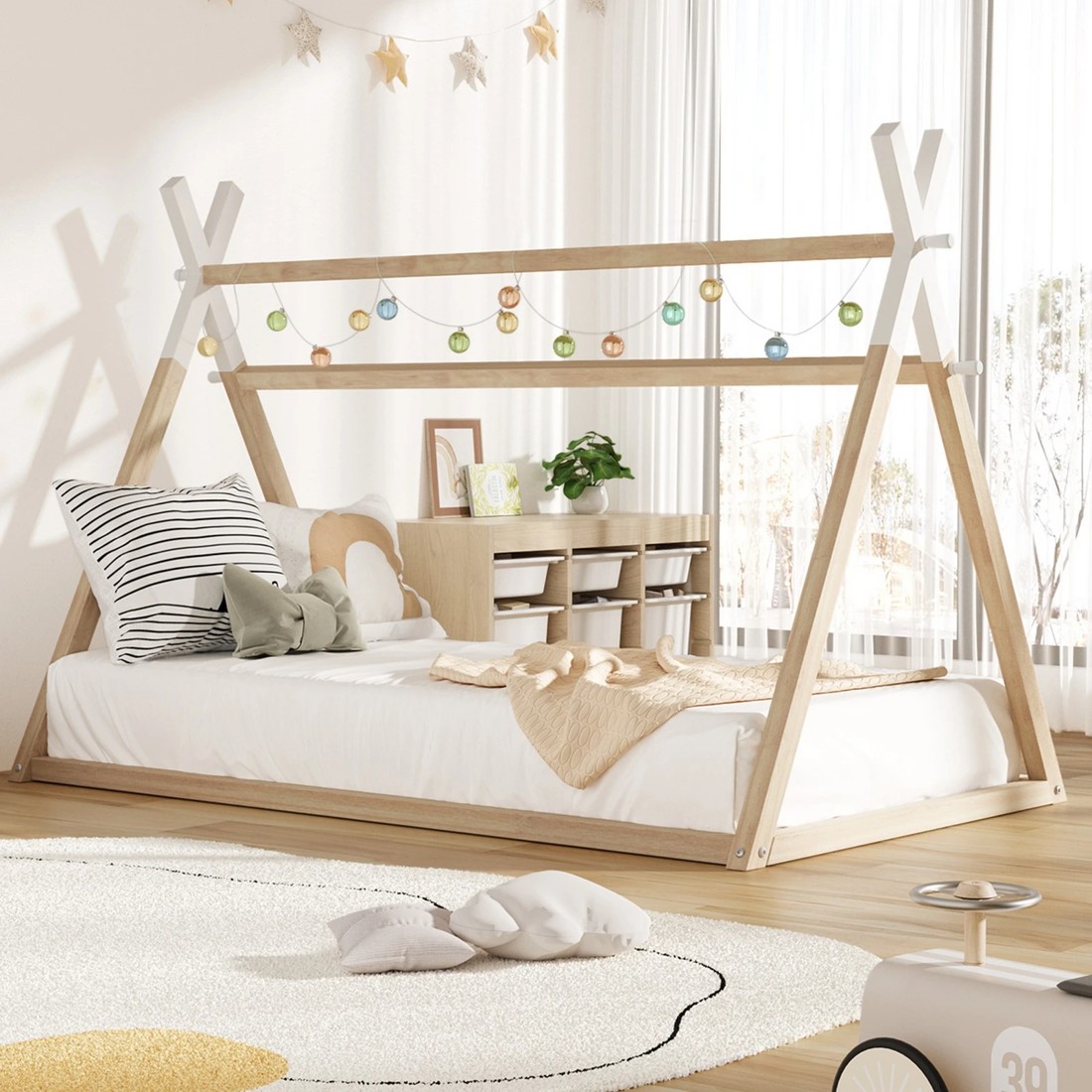 10 Oikiture Kids Bed Frame Wooden Timber King Single Teepee House Frame Beds
 - Multi, 10 of 10