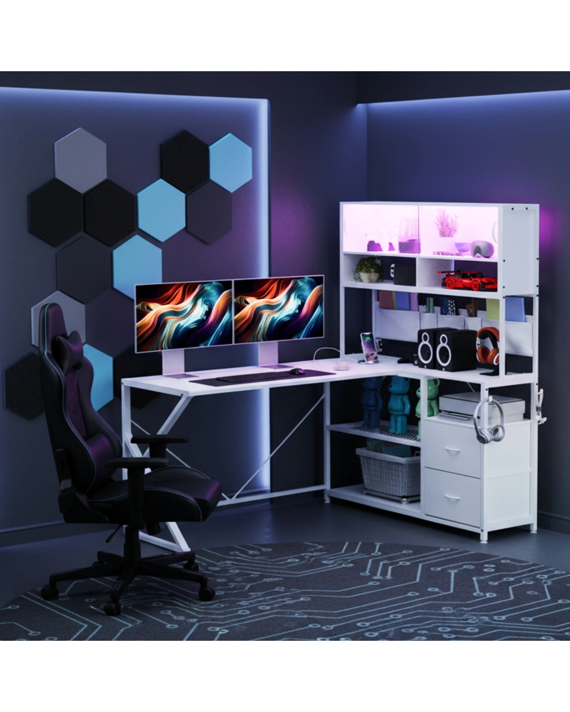 3 Advwin 130cm  L Shaped Gaming Desk with LED Lights & Power Outlets  - White, 3 of 10