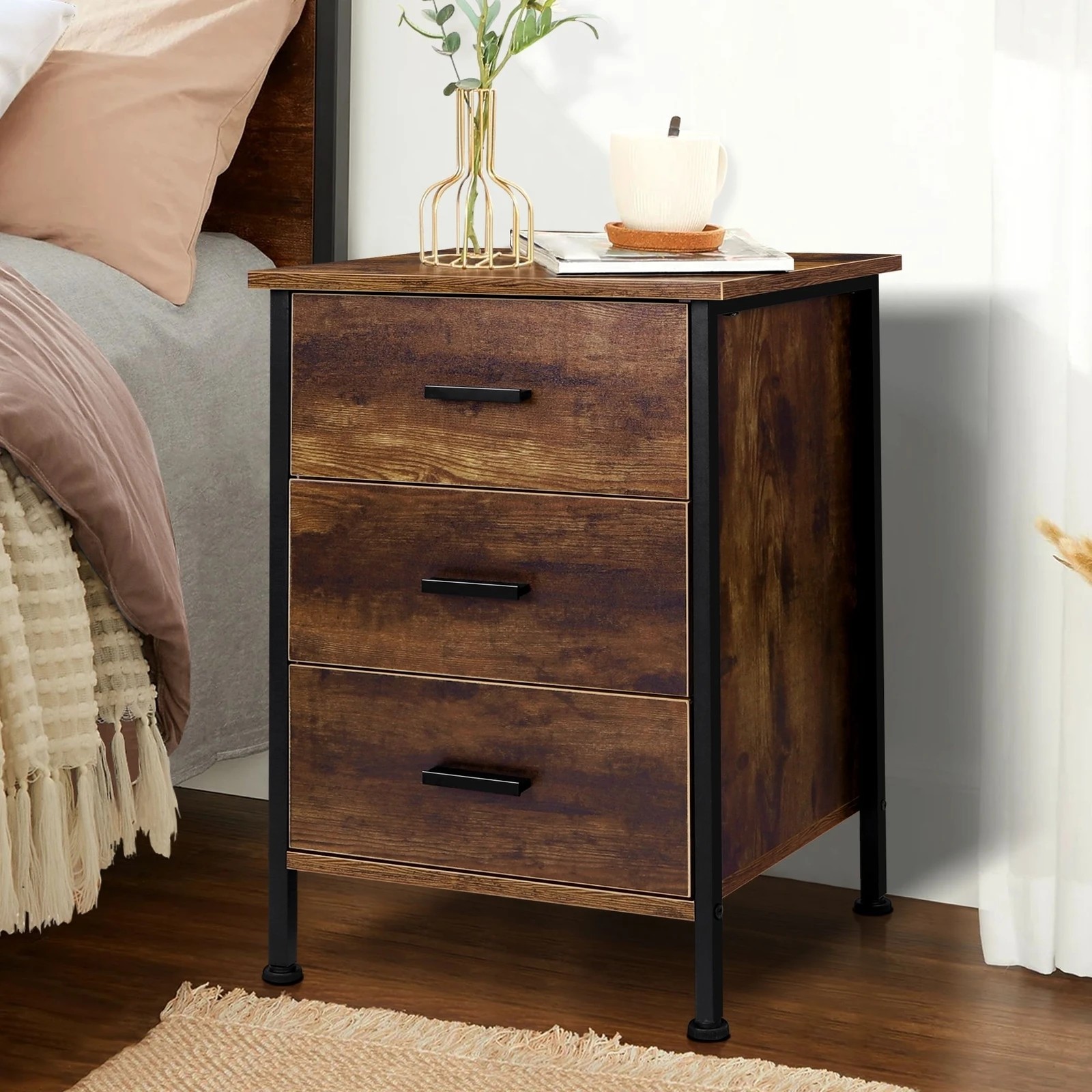 8 Alfordson 2x Bedside Table Retro Nightstand 3 Drawers - Dark Oak, 8 of 10
