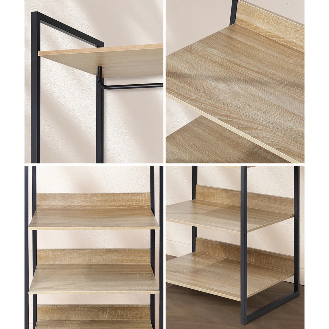 4 Oikiture Clothes Rack Open Wardrobe Garment Coat 4 Shelves Hanging Rail Metal
 - Natural, 4 of 10