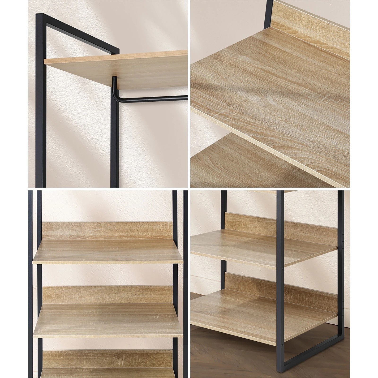 4 Oikiture Clothes Rack Open Wardrobe Garment Coat 4 Shelves Hanging Rail Metal
 - Natural, 4 of 10